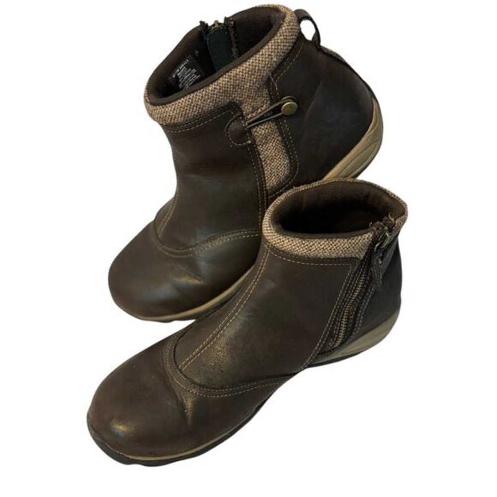 Eastland Brown Leather Zip Chic Ankle Boots Fabric Trim Size Women’s 11M